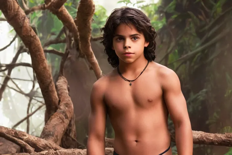 Image similar to young jake t. austin plays mowgli in the live action adaptation of the jungle book, 3 5 mm photography, highly detailed, cinematic lighting, 4 k