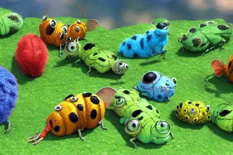 Image similar to disney pixar's a bug's life, cgi caterpillar colorful, furry caterpillar