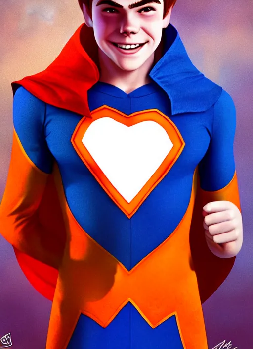 Image similar to friendly teenage archie andrews wearing an orange superhero costume with heart logo, heart, freckles, blue cape, heart emblem on chest, blue cape, intricate, elegant, glowing lights, highly detailed, digital painting, artstation, sharp focus, illustration, art by wlop, mars ravelo and greg rutkowski