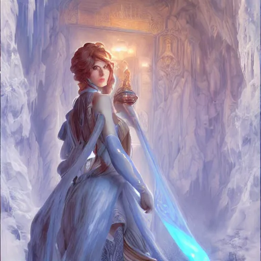 Image similar to ice princess standing in doorway to blue ice glacier fortress, fantasy, intricate, elegant, highly detailed, digital painting, artstation, concept art, matte, sharp focus, illustration, art by artgerm and greg rutkowski and alphonse mucha