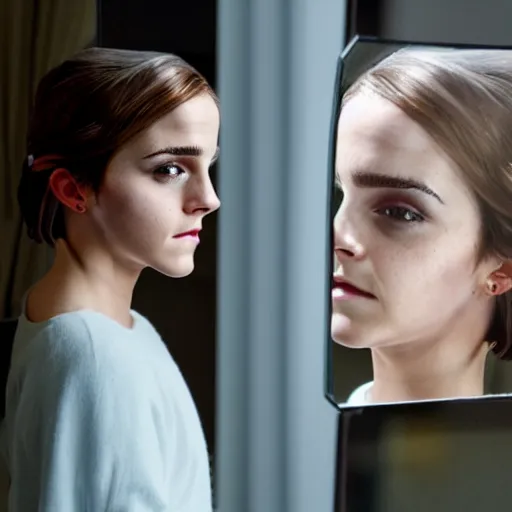 Image similar to emma watson pondering her reflection in the mirror, light, colorful 4 k photorealistic
