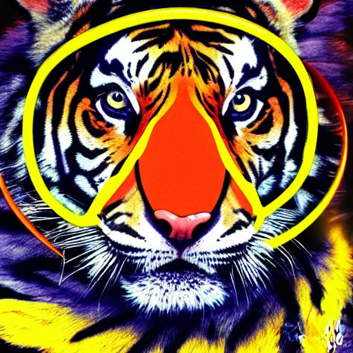 Image similar to scientific wearing a tiger mask, 80s miami, digital art