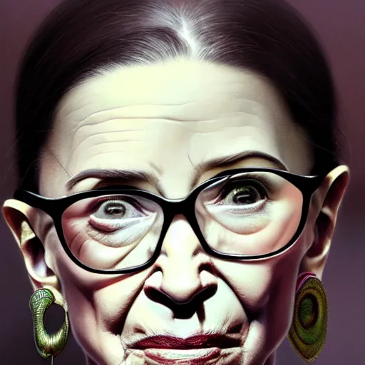 Image similar to a hyper - realistic character concept art portrait of young ruth bader ginsburg, depth of field background, artstation, award - winning realistic sci - fi concept art by jim burns and greg rutkowski, beksinski, a realism masterpiece, james gilleard, bruegel, alphonse mucha, and yoshitaka amano.