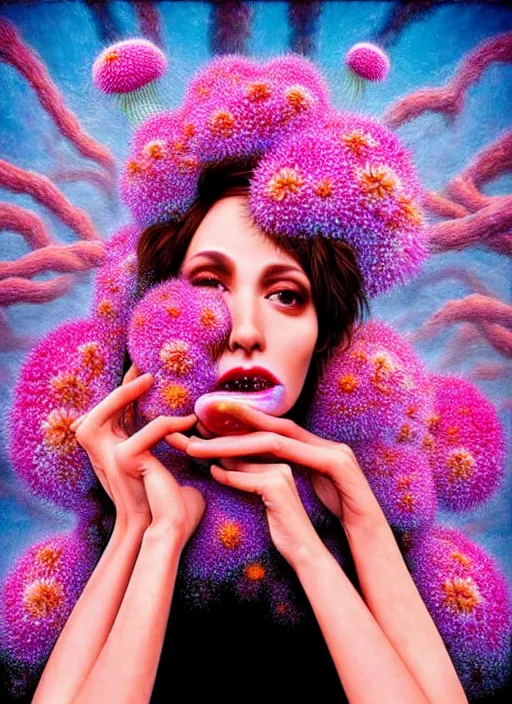 Image similar to hyper detailed 3d render like a chiariscuro Oil painting with depth - Aurora (Singer) looking adorable and seen in attractive dynamic pose joyfully Eating of the fine Strangling network of thin yellowcake aerochrome and milky Fruit and Her delicate Hands hold of gossamer polyp blossoms bring iridescent fungal flowers whose spores black the foolish stars to her smirking mouth by Jacek Yerka, Mariusz Lewandowski, Houdini algorithmic generative render, Abstract brush strokes, Masterpiece, Edward Hopper and James Gilleard, Zdzislaw Beksinski, Mark Ryden, Wolfgang Lettl, hints of Yayoi Kasuma, octane render, 8k