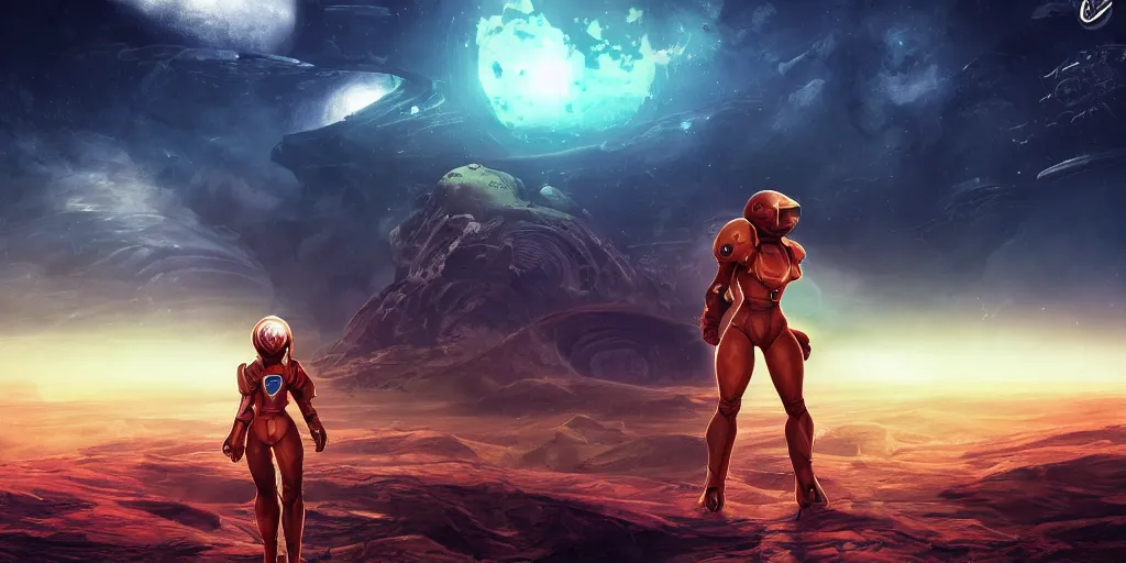 Prompt: Samus in the varia suit standing in the middle of a desolate planet, full body shot, wearing her helmet, the planet is full of otherworldly natural structures, a moon floats above the horizon, futuristic, artstation, digital 2d drawing, high detail
