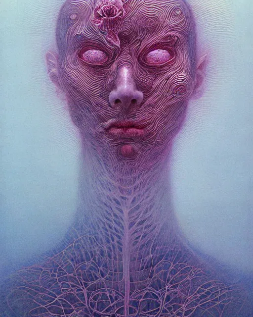 Prompt: portrait, descending into ethereal madness, flowers by wayne barlowe, toru kamei zdzisław beksinski, tanaka suguru, itsuko azuma, kinuko y. craft, mysterious, aesthetic!!! hyper detailed