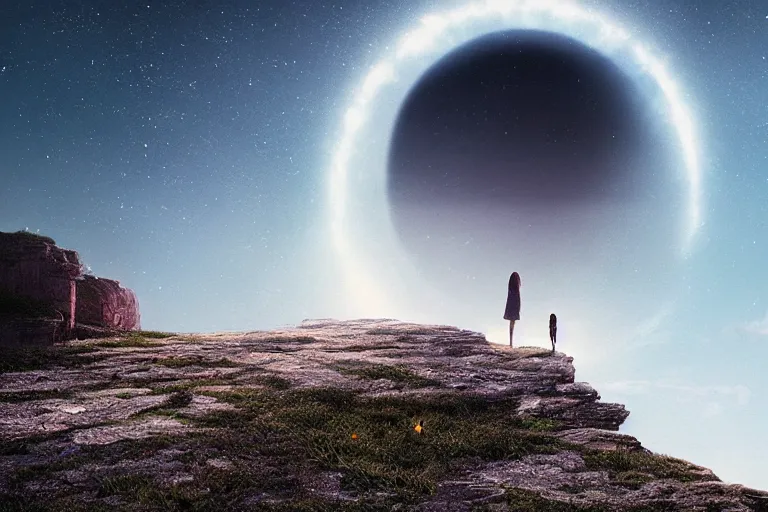 Image similar to giant white daisy flower over head, girl walking on cliff, surreal photography, solar eclipse, milky way, dramatic light, impressionist painting, clouds, digital painting, artstation, james gilleard and liam wong and jeremy mann