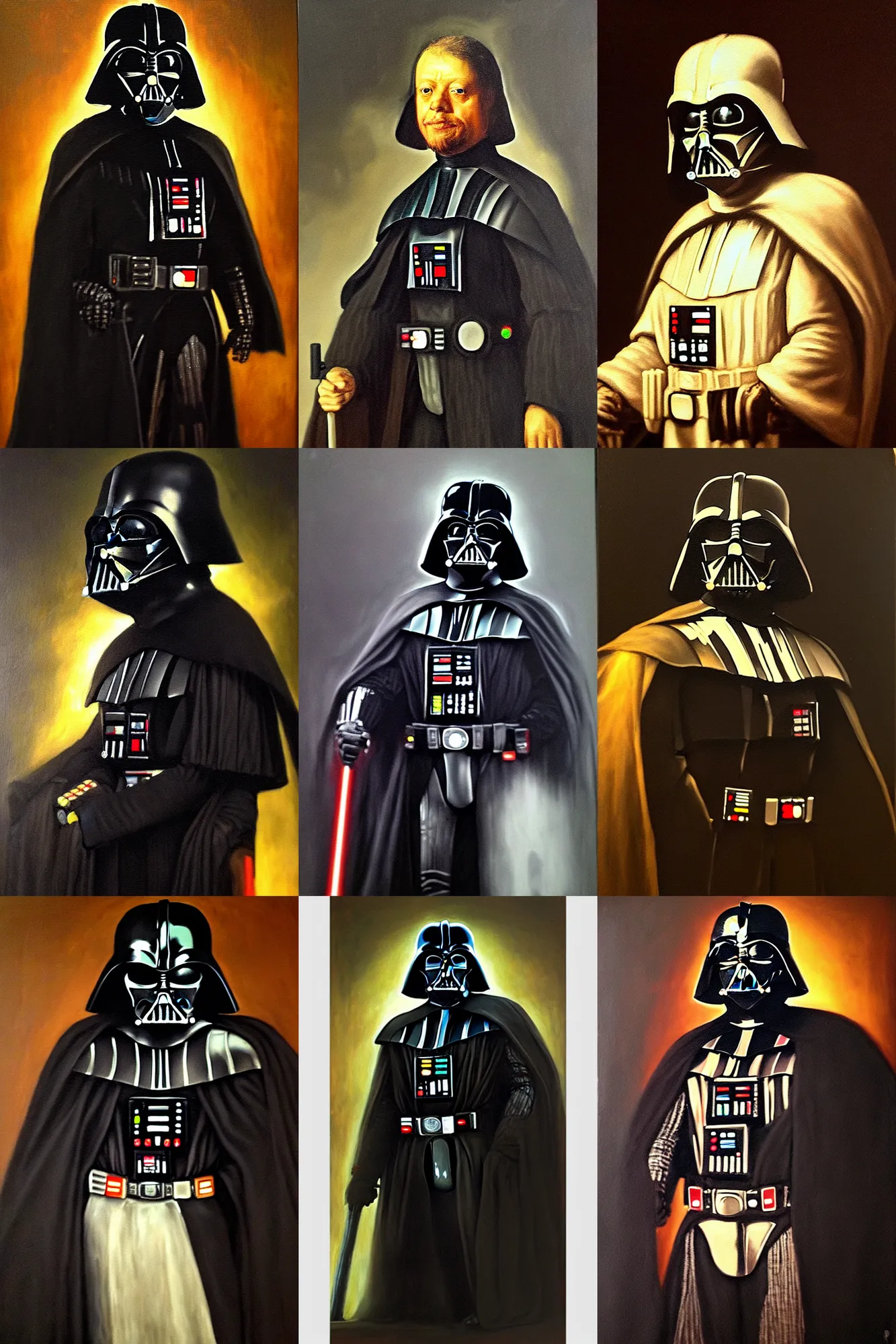 Prompt: oil reinassance painting of darth vader, painted by rembrandt, charioscuro, 4 k, high quality