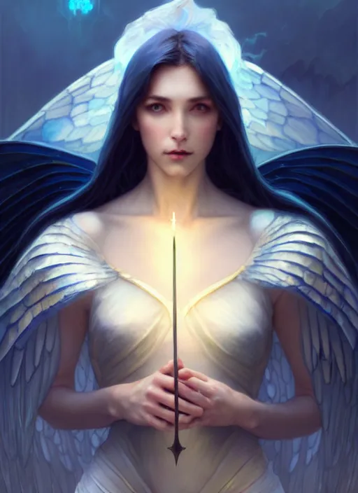 Image similar to a beautiful cinematic female archangel queen, fantasy sea landscape, fantasy magic, short aqua blue black fade hair, dark light night, intricate, elegant, sharp focus, illustration, highly detailed, digital painting, concept art, matte, art by WLOP and Artgerm and Greg Rutkowski and Alphonse Mucha, masterpiece