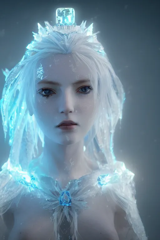 Prompt: ice goddess with beautiful face with a glowing blue crystal on her forehead, frosty white eyes, winter mist around her, white plated armor, pale skin, white smoke ， photorealism, octane render, frostbite, 8 k, cinematic, 3 5 mm, aspect ratio