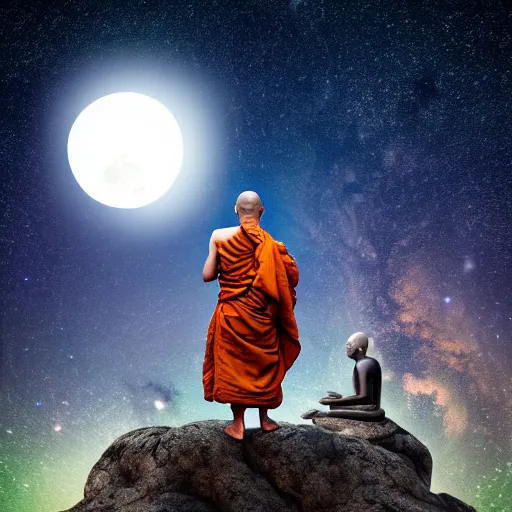 Image similar to high definition render of a monk on top of a mountain, full moon, milky way, galaxy, buddhism, 8 k, symbolic, intricate, detailed, raytracing, cinematic