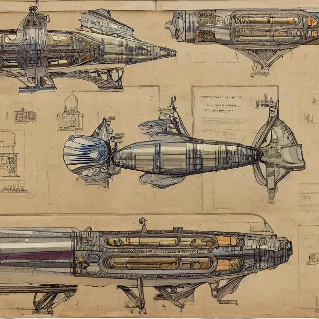 Image similar to detailed, intricate technical drawings on parchment from 1 8 4 0, with labels and notes, for a beautiful, symmetric, art deco submarine cutaway, by ron cobb and alphonse mucha