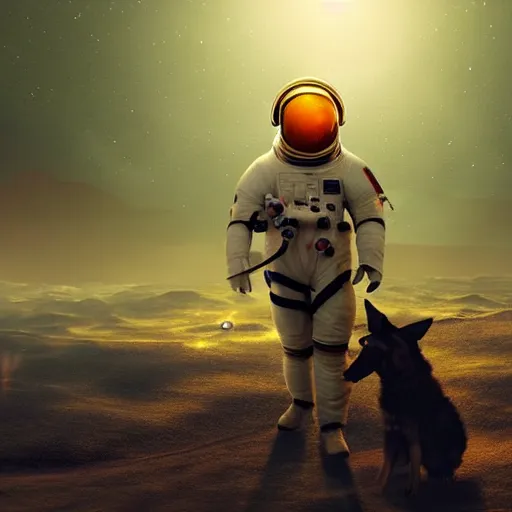 Prompt: Astronaut explores surface of alien planet with german shepard wearing a space helmet, digital concept art, cinematic lighting