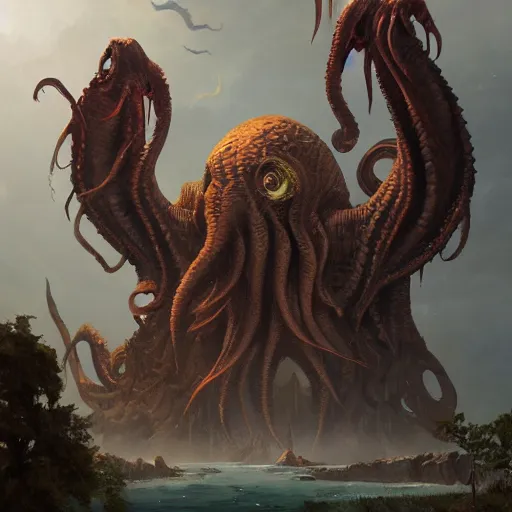 Image similar to gigantic cthulhu, small village for size comparison, dramatic light, painted by stanley lau, painted by greg rutkowski, painted by stanley artgerm, digital art, trending on artstation