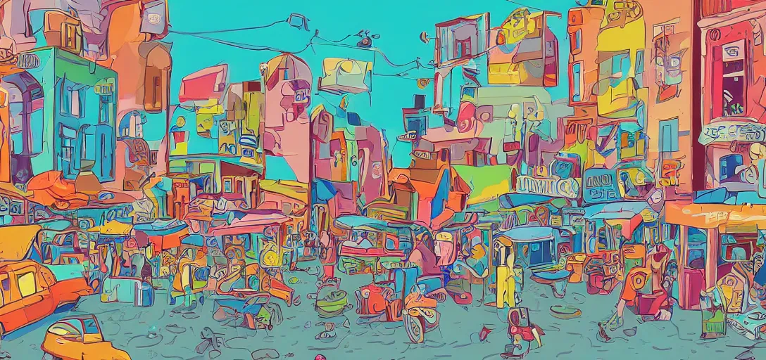 Image similar to an illustration of a funny colorful trashy town by Aurelien Predal