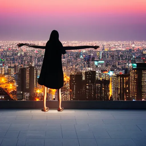 Prompt: A girl wearing a long black cape kneeling on the edge of a rooftop looking towards a neon lit Tokyo city at Sunrise, in the style of RossDraws Gaussian Blur, reflections —w 1280