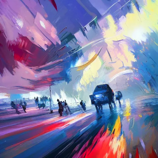 Image similar to acrylic palette knife, impressionism and expressionism, bold pastel colors, expressive brushstrokes, overall sense of movement in the composition. a warp drive hitting infinite density, by andreas rocha, trending on artstation