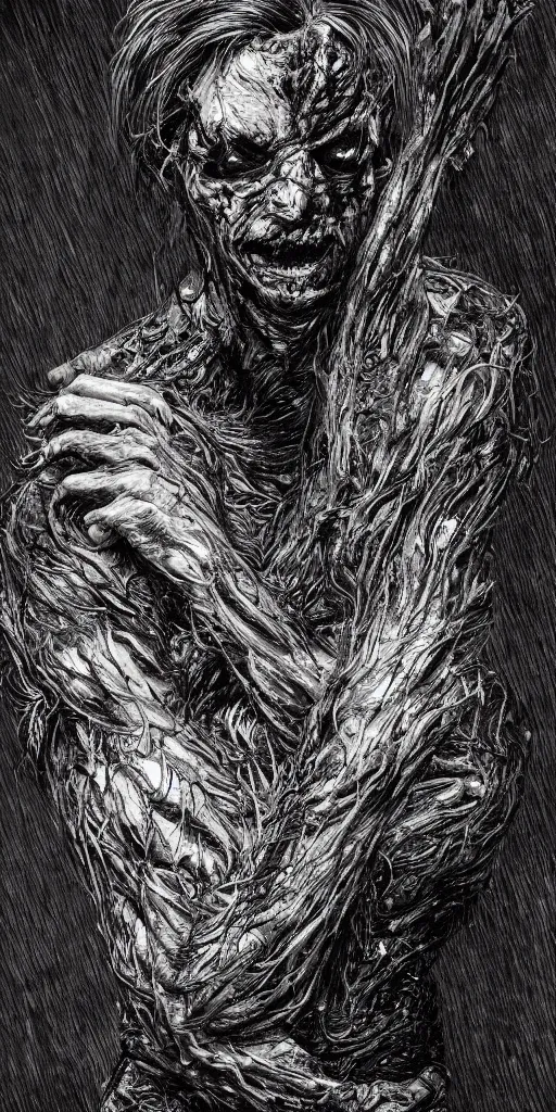 Image similar to concept art of a man with his body covered in burns, with evil black smoke coming out of his hands, full body, dark colors, sinister atmosphere, dramatic lighting, cinematic, establishing shot, extremely high detail, photo realistic, cinematic lighting, pen and ink, intricate line drawings, by Yoshitaka Amano, Ruan Jia, Kentaro Miura, Artgerm, post processed, concept art, artstation, matte painting, style by eddie mendoza, raphael lacoste, alex ross,