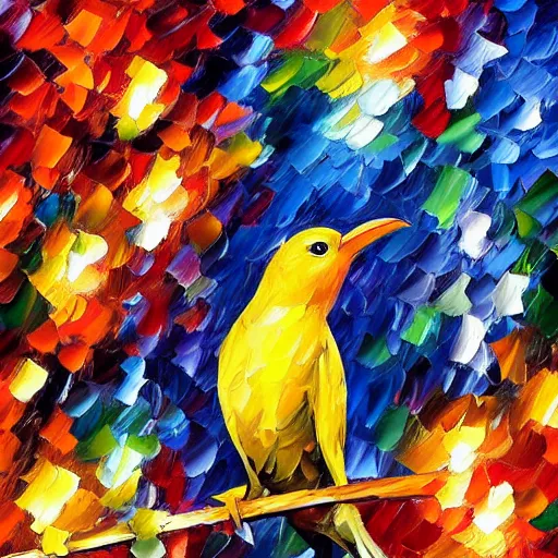 Prompt: an elegant yellow bird wearing a crown and a red bow tie in the style of leonid afremov, very very beautiful, impressionism, high quality, detailed, 4k