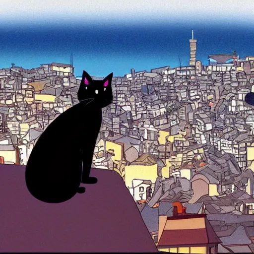 Prompt: an anthro black cat looking out over a city, Miyazaki, studio ghibli