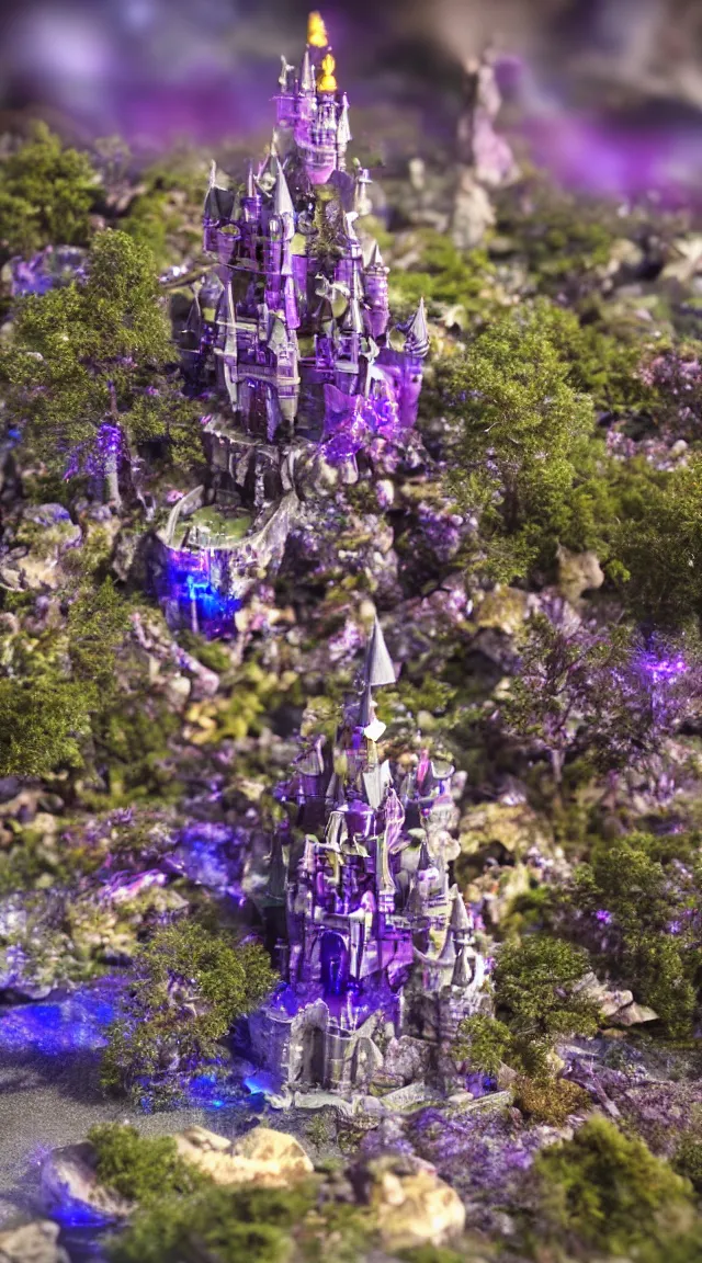 Prompt: robot with purple lights destroying a fantasy castle, professional photo, hdr, bokeh, sci fi, tiny castle, fantasy, small world, toys