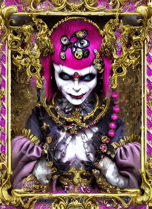 Prompt: baroque bedazzled gothic royalty frames surrounding a pixelsort emo demonic horrorcore japanese jester harlequin doll, low quality sharpened graphics, remastered chromatic aberration