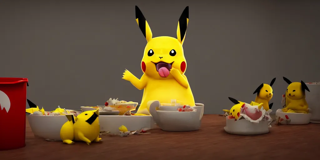 Prompt: pikachu devouring and eating and killing a dog sharp teeth burtal eyes scary mouth dark room red candles trash bin octane unreal engine render 8k photorealistic extreme detail textured