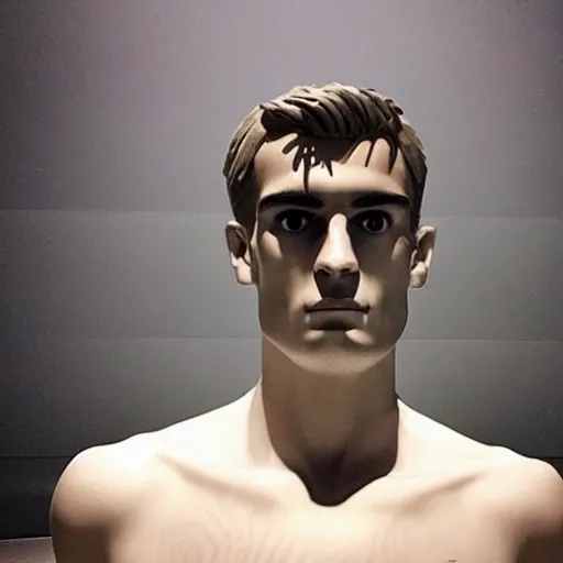 Image similar to “ a realistic detailed photo of a guy who is an attractive humanoid who is half robot and half humanoid, who is a male android, soccer player antoine griezmann, shiny skin, posing like a statue, blank stare, at the museum, on display ”