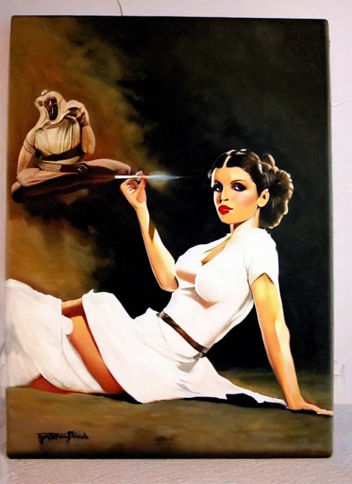 Image similar to oil painting of Princess Leia white ceremony dress torn ripped by frank frazetta alluring pin up deviant art seductive