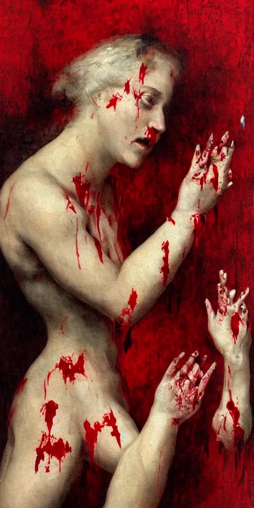 Image similar to by 1 9 th century famous painter, hands, nail polish, blood smear, blood dripping, horror, knife, realism, realistic, oil painting, red wallpaper background