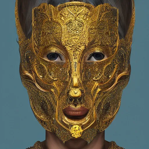 Image similar to Very very very very highly detailed epic central composition portrait of face with venetian mask, golden, intricate, dystopian, sci-fi, extremely detailed, digital painting, artstation, concept art, smooth, sharp focus, illustration, intimidating lighting, incredible art by Tokujin Yoshioka and Anton Pieck