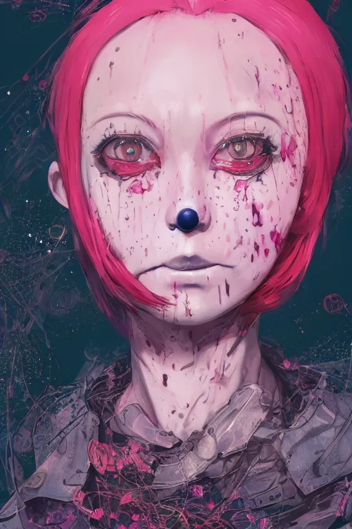 Image similar to by kyoto animation, very creepy clown girl pink hair, tears from the eyes, wearing cyberpunk intricate streetwear, beautiful, detailed portrait, intricate complexity, ilya kuvshinov, cell shaded, 4 k, concept art, by wlop, ilya kuvshinov, greg rutkowski, sharp focus, volumetric lighting, cinematic lighting