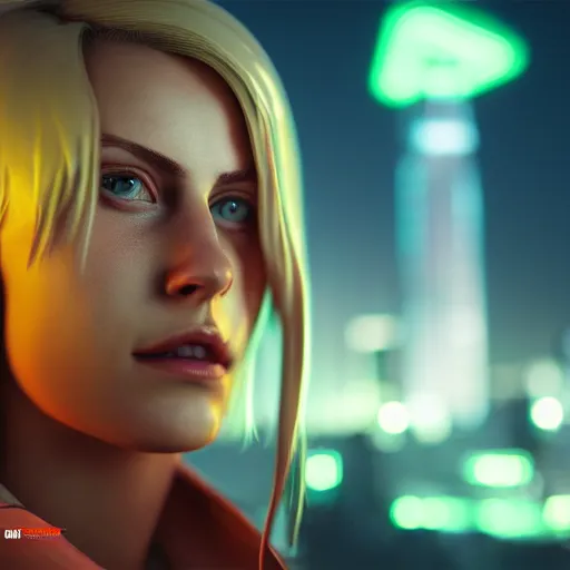 Image similar to Annie Leonhart in a neon city, octane render 8k, atmospheric render