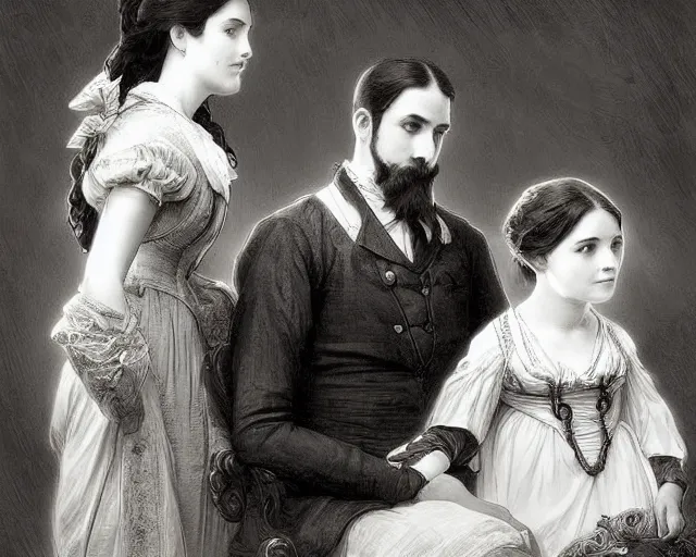 Prompt: black and white old photograph of a family in the 1 8 0 0 s, deep focus, d & d, fantasy, intricate, elegant, highly detailed, digital painting, artstation, concept art, matte, sharp focus, illustration, hearthstone, art by artgerm and greg rutkowski and alphonse mucha