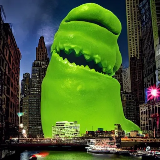 Image similar to huge slime monsters with one eye attacks new york