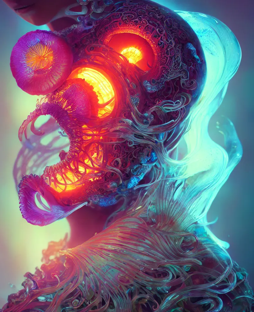 Image similar to goddess close-up portrait ribcagel. jellyfish phoenix head, nautilus, orchid, skull, betta fish, bioluminiscent creatures, intricate artwork by Tooth Wu and wlop and beeple. octane render, trending on artstation, greg rutkowski very coherent symmetrical artwork. cinematic, hyper realism, high detail, octane render, 8k