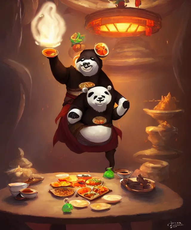 Image similar to a portrait an anthropomorphic panda mage eating chinese food, wearing mage robes, restaurant in background, cute and adorable, dnd character art portrait, well rendered matte fantasy painting, pixar style, by jason felix by steve argyle by tyler jacobson by peter mohrbacher, cinematic lighting