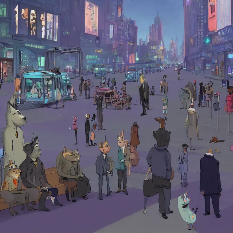 Image similar to few people waiting in a bus stop in dark city night, screenshot from Zootopia