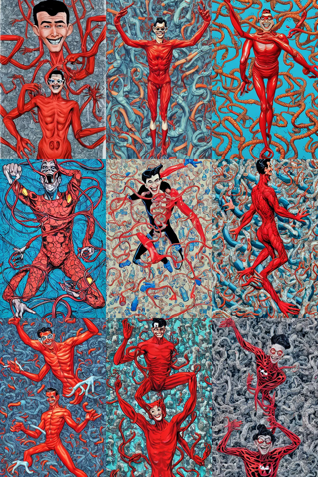 Prompt: plastic man with one thousand limbs, smiling into the camera, illustrated by james jean