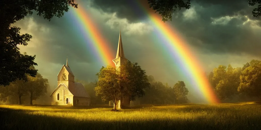 Image similar to idyllic church chapel with a steeple in a lush countryside meadow forest, rainbow across the sky, ethereal, golden swirling dust, iridescent, atmospheric, volumetric, cinematic, light breaking through clouds, greg rutkowski, wlop, otherworldly, glowing, trending on artstation, 8 k, unreal engine