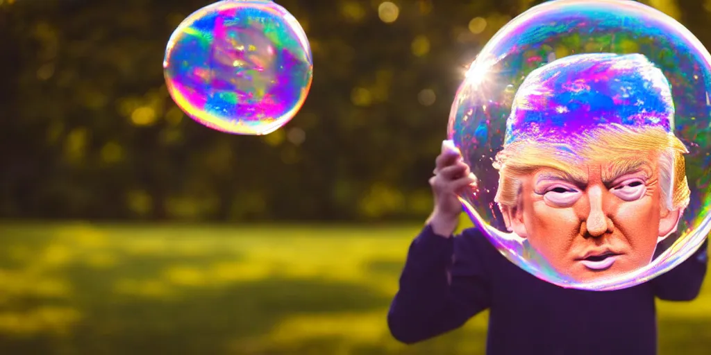 Prompt: an donald trump's head stuck inside of a giant iridescent floating soap bubble, bokeh, golden hour, back yard, golden hour