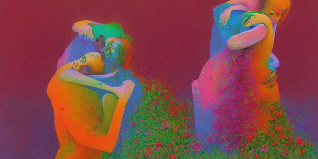 Prompt: portrait of women hugging made of colorful rainbow fractal flowers hugging Edward Hopper and James Gilleard, Zdzislaw Beksinski, highly detailed