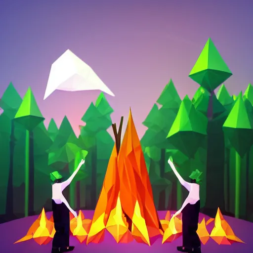 Image similar to low poly forest with a cult performing a ritual with a bonfire where a goat flies