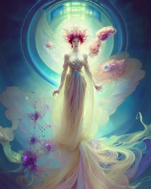 Image similar to Full View ultrarealistic Portrait ethereal fantasy deity wearing beautiful gown, rising in the air levitating, flowers, calm, 4k digital masterpiece by Anna Dittman and Alberto Seveso Ruan Jia, rossdraws and alphonse mucha and loish and WLOP, fantasycore, Hyperdetailed, fractals, scribble art, realistic digital painting, atmospheric, fireflies, soft lighting, featured on Artstation