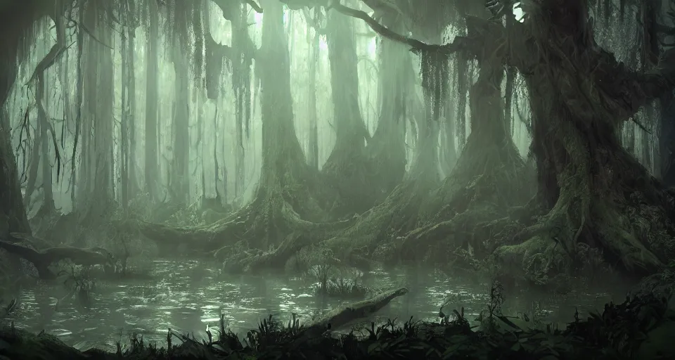 Image similar to A dense and dark enchanted forest with a swamp, by Blizzard Concept Artists