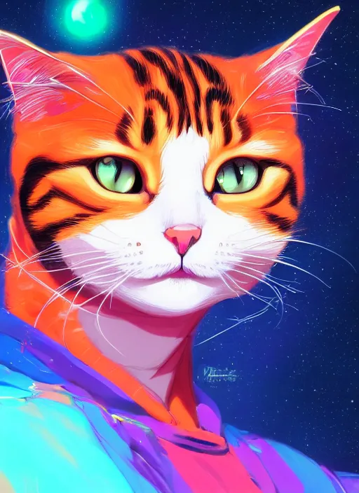 Image similar to ⁠portrait of a cat, cosmic background, rich vivid colors, ambient lighting, dynamic lighting, 4k, HQ, official media, anime key visual, makoto shinkai, ilya kuvshinov, lois van baarle, rossdraws, detailed, trending on artstation