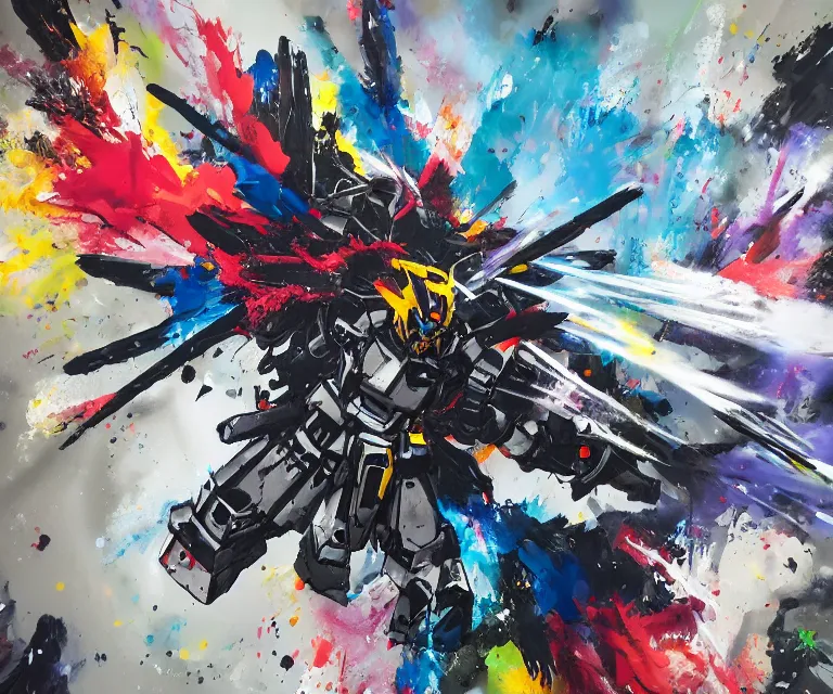 Image similar to acrylic and spraypaint action shot of a giant gundam battling in space, explosions, graffiti wildstyle, large brush strokes, painting, paint drips, acrylic, clear shapes, spraypaint, smeared flowers, origami crane drawings, large triangular shapes, painting by ashley wood, totem 2, jeremy mann, masterpiece