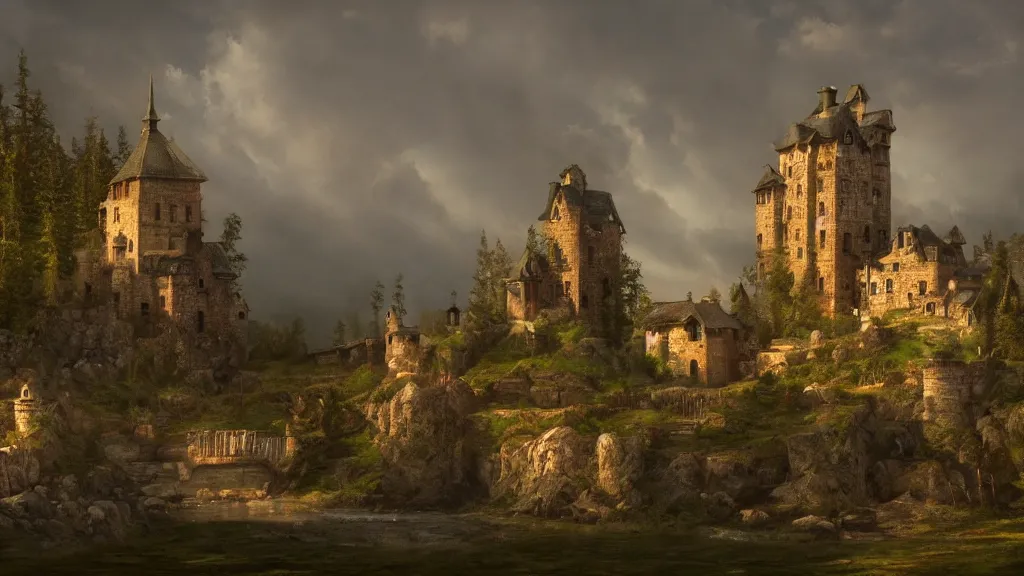 Image similar to newly built castle sitting by the seaside with rolling hills and a small village by eugene von guerard, ivan shishkin, dramatic lighting, concept art, trending on artstation, 8 k