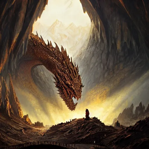 Image similar to The dragon Smaug inside the mountain of Erebor staring at Bilbo Baggins, surrounded by gold and treasure, by Greg Rutkowski