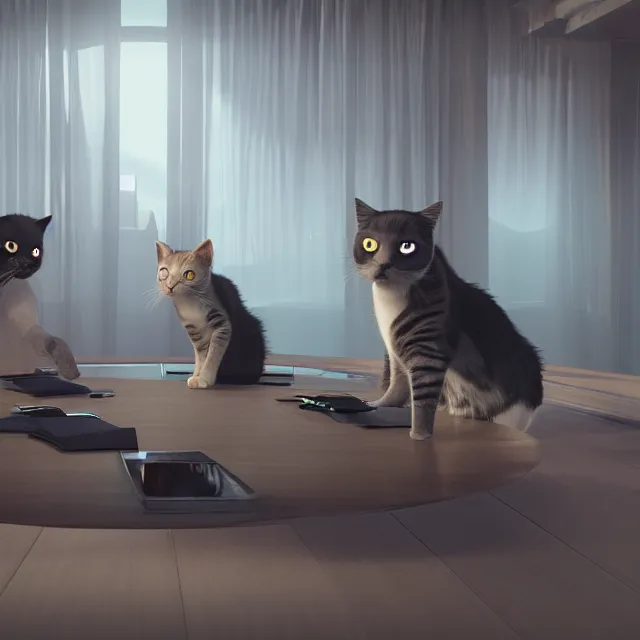 Image similar to cats in a business meeting, dark cinematic, volumetric, realistic, cinematic lighting, ray tracing, unreal engine 5, unreal engine render, octane render, hyper realistic, photo, 8 k